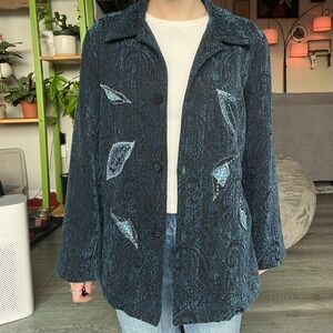 Sag Harbor Petites Navy Blue Paisley Velvet Blazer with Sewn-On Leaves